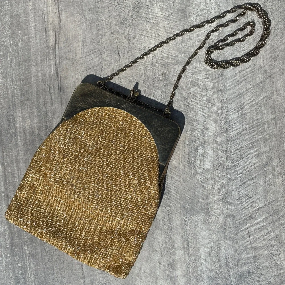 Vintage Harry Levine Gold Weave Evening Bag Kiss Lock Chain Strap Clutch Wedding